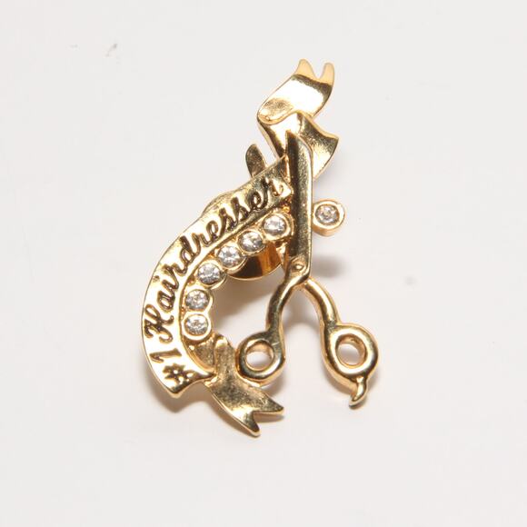 Vintage Avon (6644) #1 Hairdresser Lapel Bin Brooch Gold tone Rhinestones - Picture 1 of 4